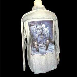 Vtg Port & Company Denim Shirt Sz L Wolf Dreamcatcher Polar Graphics Native USA